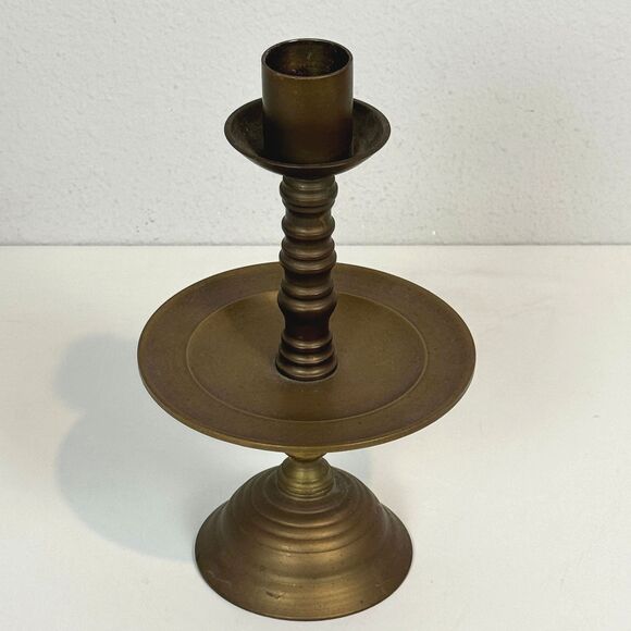 Vintage Large Brass Candle Stick Holder with Drip Tray 9.5 inches - Picture 2 of 7